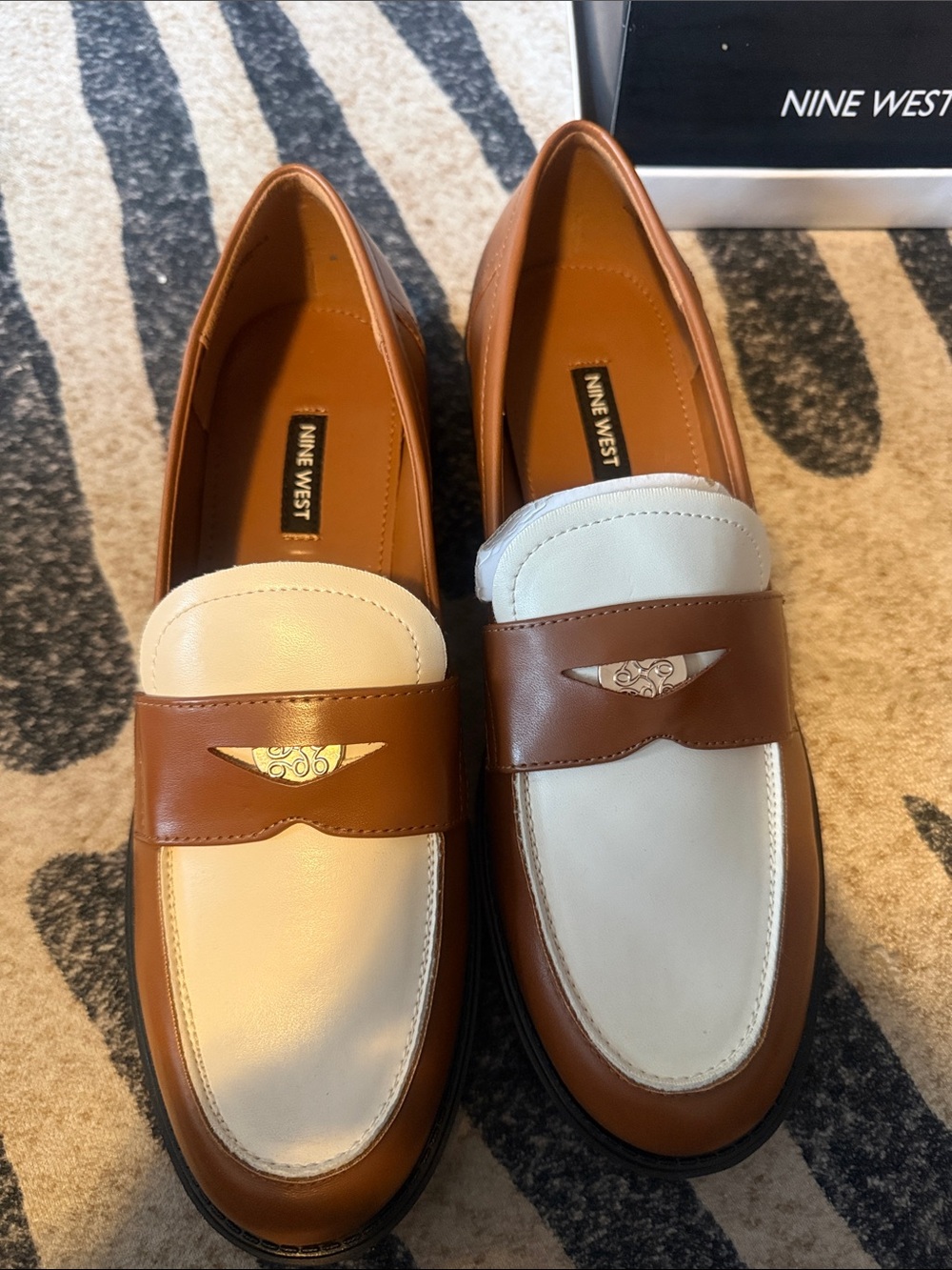 Nine West Two-Tone Brown and Cream Leather Penny Loafers